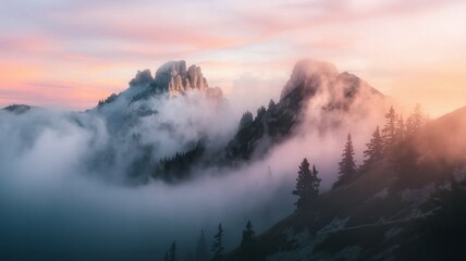Mountain Peaks Covered in Fog