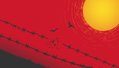 concept freedom, flight, breaking barriers, liberation, victory. barbed wire breaks and turns into a bird	