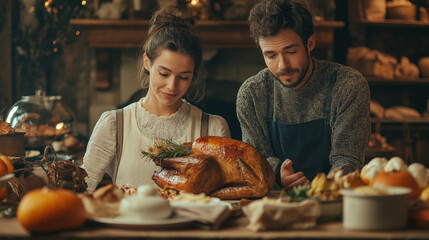 A candid shot of a woman and man at the table, preparing to serve the roast turkey, surrounded by warm, inviting food