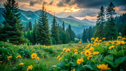 Fototapeta premium Sunset over wildflower meadow with mountains in the background in a serene landscape setting during late afternoon. Generative AI