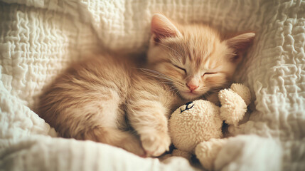 A kitten curled up with a stuffed animal