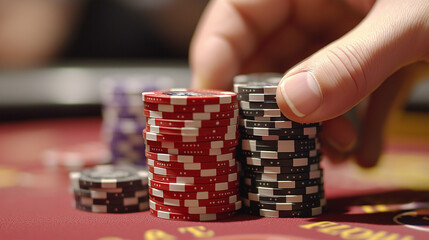 A close-up of a hand placing poker chips in a betting pile on a casino table