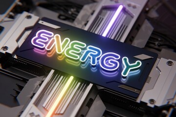 Neon Energy: A vibrant neon sign illuminates the word "ENERGY" against a futuristic, metallic backdrop, capturing the essence of power, innovation, and digital advancement.