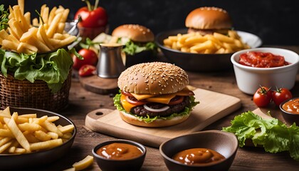Delicious Burger and Fries with Dipping Sauces