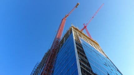 A panoramic view of a modern skyscraper under construction with cranes and scaffolding against a clear blue sky, Skyscraper construction scene, Contemporary architectural style