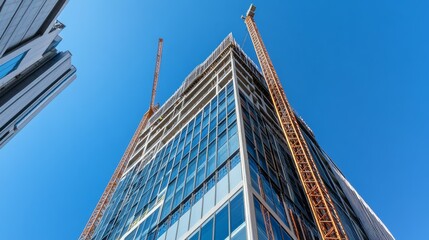 Obraz premium A panoramic view of a modern skyscraper under construction with cranes and scaffolding against a clear blue sky, Skyscraper construction scene, Contemporary architectural style