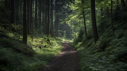 Obraz premium Serene Forest Pathway in Soft Morning Light