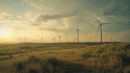 A panoramic view of a renewable energy wind farm with turbines turning, Renewable energy scene, Eco-friendly and sustainable style