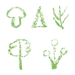 Set of hand drawn with colored crayons. Green branches, trees and mushroom .Crayon crayon style .Vector illustration 