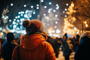 Enthusiastic crowd in winter gear enjoying spectacular fireworks display under bright skies