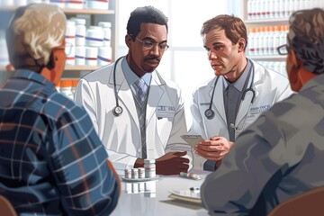 Obraz premium Two doctors discuss a patient's medical records with an older man. The other man looks on.