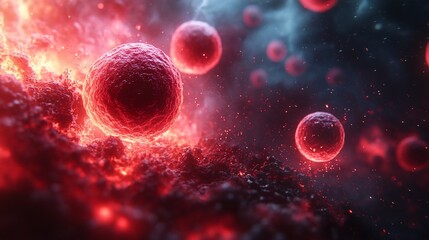 Obraz premium Close-up view of glowing cells in a vibrant, cosmic environment.