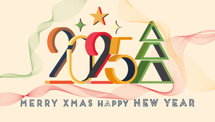 Happy New Year and Merry Christmas 2025 Retro pop art style greeting banner, web, background, card, poster, template Layout. 3d number and organic lines