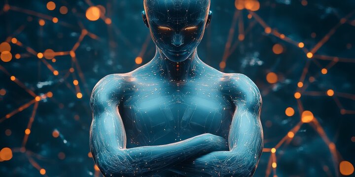 Meta human, representation of artificial intelligence, standing with arms crossed, full body, futuristic,
