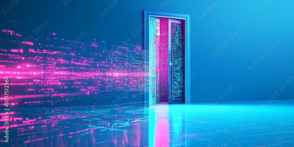 Wall mural on a blue background there is a open door, inside is a futuristic ai world with code and data, and s