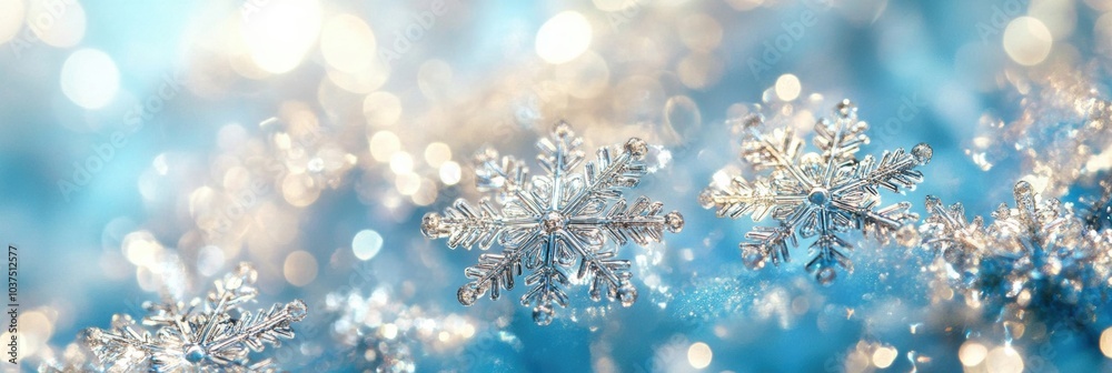 Fototapete Delicate snowflakes shine and sparkle, creating an enchanting effect on a soft blue backdrop in a tranquil wintry setting. Generative AI