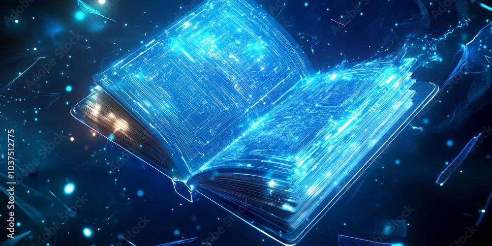 Wall mural a futuristic journal floating in mid-air, its open and its sleek cover adorned with glowing circuits