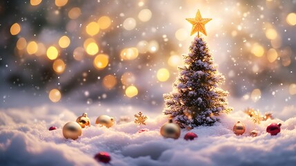 Obraz premium A Snowy Christmas Tree with Gold Ornaments and a Golden Star