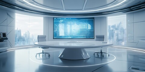 Fototapeta premium The high-tech minimalist office, Cyber high-tech, has a round conference table with a large virtual glass screen floating on the table