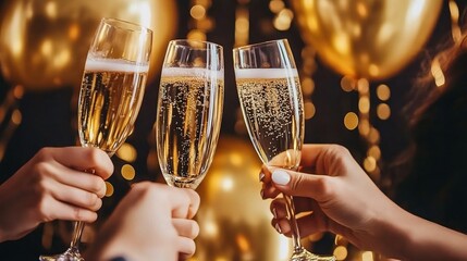 Celebration with Champagne Toast and Gold Balloons