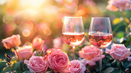 Two glasses of wine and pink roses