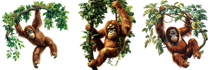 Obraz premium Set of Orang-utan ape hanging on a vine in the trees isolated on a transparent background