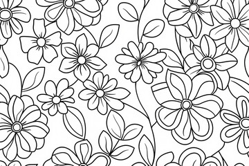 Fototapeta premium A detailed black and white floral coloring page featuring various flowers and leaves in a whimsical design, perfect for relaxation and creativity.