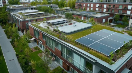 A panoramic view of a sustainable architecture project integrating solar panels and green roofs, Sustainable construction scene, Eco-friendly and innovative style