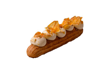 Sweet dessert eclairs or profiteroles with chocolate filling