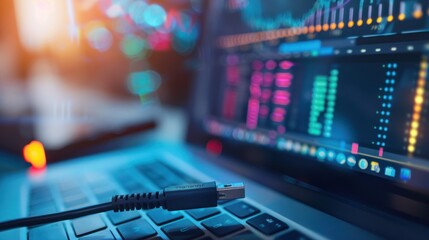 Laptop with stock market data on screen