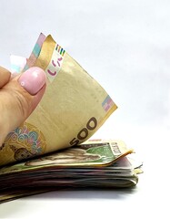 Ukrainian money hryvnia close-up on white background