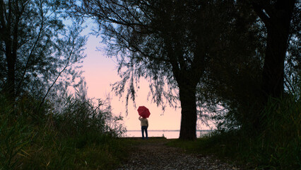 Early morning by the lake, a solitary figure stands surrounded by lush trees, framed by nature’s...