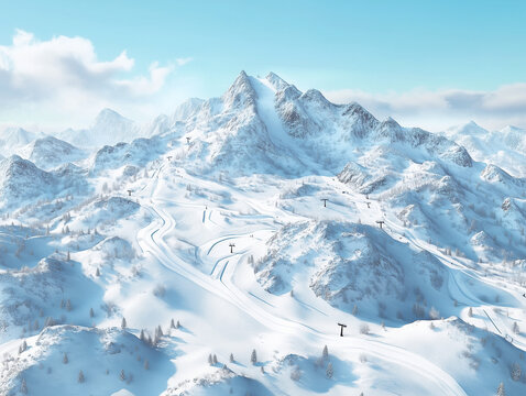 Alpine Guide: A Ski Resort Map with Marked Snowy Paths on a Mountainous Terrain