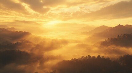 Obraz premium Golden Sunrise Over Misty Landscape