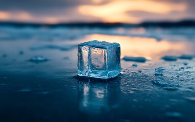 Single melting ice cube on wet sand with blurred sunset beach scene in background, symbolizing climate change and global warming