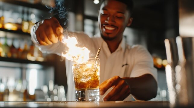 A bartender skillfully ignites a cocktail, creating a spectacular fire show behind the bar, demonstrating their daring technique and captivating the amazed audience.