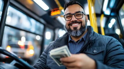A bus driver with a satisfied expression counts cash while inside the vehicle, capturing themes of financial stability and personal fulfillment during work hours.