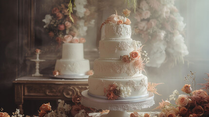 Elegant Wedding Cake with Floral Decoration in Vintage Setting