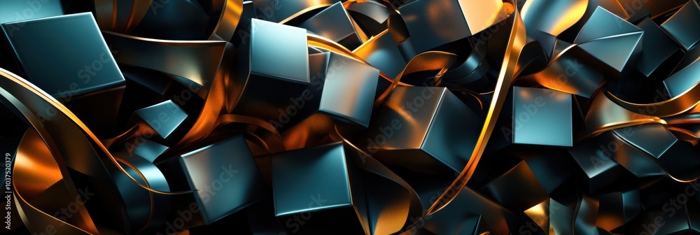 Poster a collection of abstract shapes that mimic the appearance of gift boxes and ribbons, arranged in a v