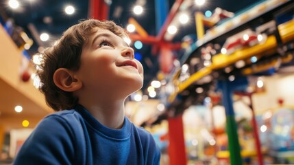 Obraz premium A young boy in a blue sweater looks up in awe at a colorful, intricately designed toy train exhibit, capturing his imagination and wonderment under bright lights.