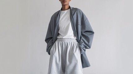 Minimalist Fashion: A modern woman stands confidently in a stylish grey oversized blazer, paired with a white t-shirt and grey sweatpants, creating a relaxed yet chic ensemble.
