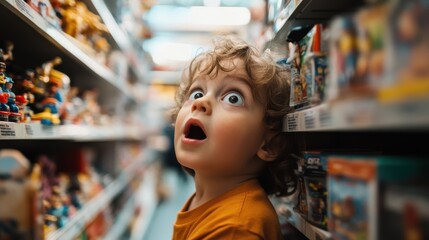 A young child with curly hair looks amazed while standing in a toy store aisle, surrounded by colorful toys and lights sparking curiosity and wonder.
