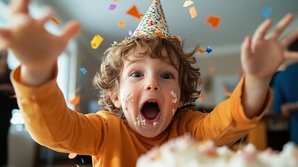 A cheerful child wearing a festive party hat rejoices in a burst of confetti, with cake visible in the foreground, representing the joy and energy of celebrations.