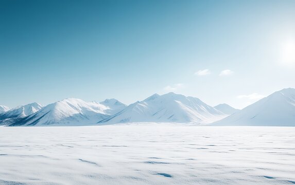 A breathtaking winter landscape featuring majestic snow-capped mountains rising above a vast frozen plain under a clear blue sky - Powered by Adobe