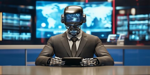 A robot dressed in a suit sitting as a news anchor in a broadcasting studio
