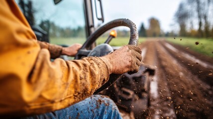 A close-up view of a farmer's muddy hands gripping the tractor's steering wheel while driving down a rural road with blurred motion in the background.