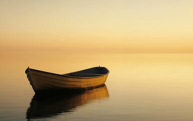 A lone wooden boat floats peacefully on mirror-like golden waters, set against a warm sunset sky, embodying tranquility and solitude