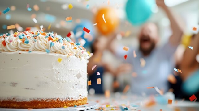 A classic cake set against a backdrop of vibrant confetti and animated people, encapsulating the essence of joy and celebration in a shared festive atmosphere.