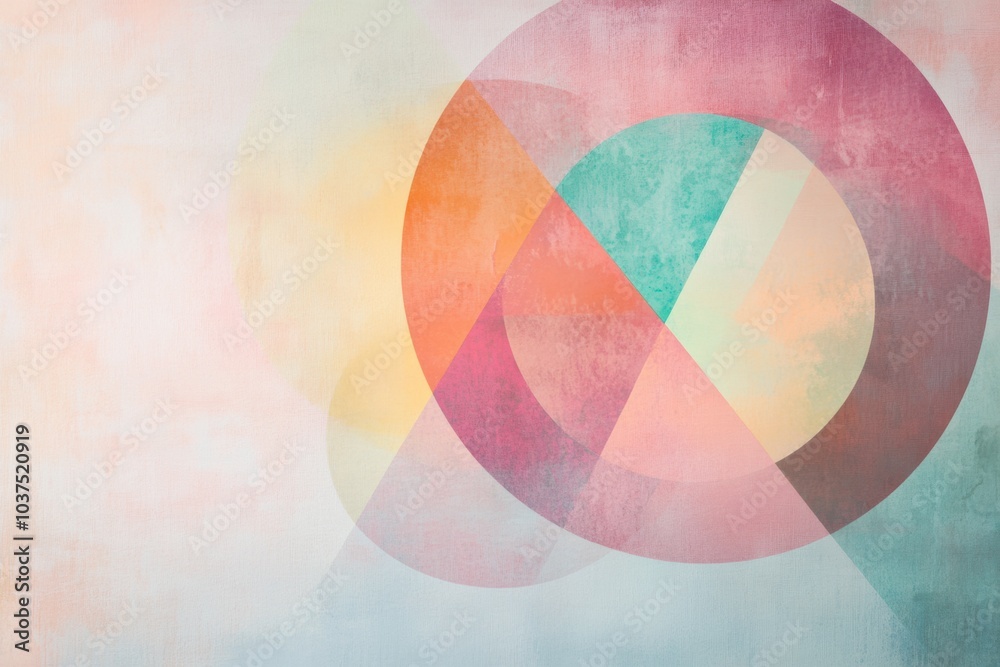 Poster Colorful abstract circles and triangles overlay each other on a gentle pastel backdrop, suggesting a serene and artistic atmosphere. Generative AI