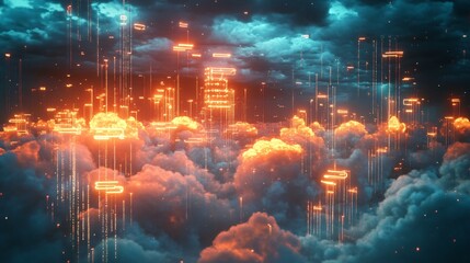 Futuristic city skyline with glowing neon lights and clouds.